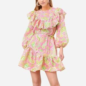 Alemais Marta Paisley Pink Linen Ruffle Mini Sun Dress Size 6